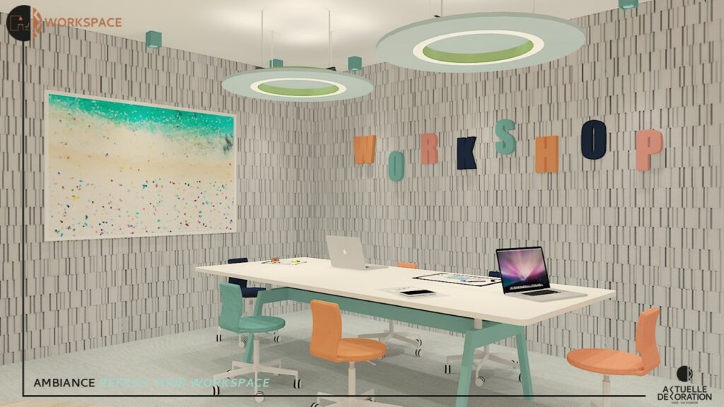 aménagement et décoration ambiance contemporaine d'un espace de travail collaboratif