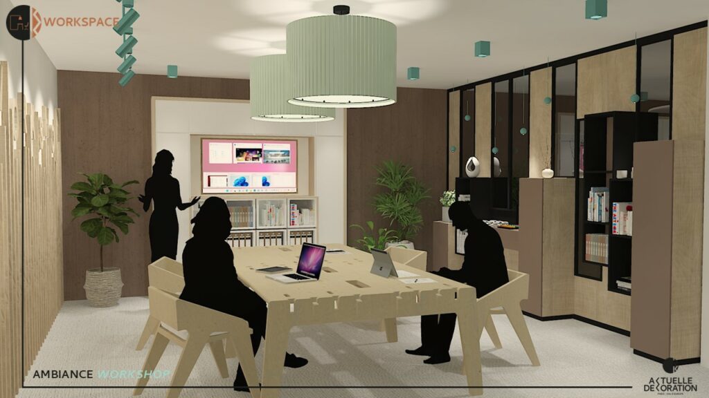 salle de réunion d'entreprise ambiance moderne et chaleureuse avec éclairage led professionnel