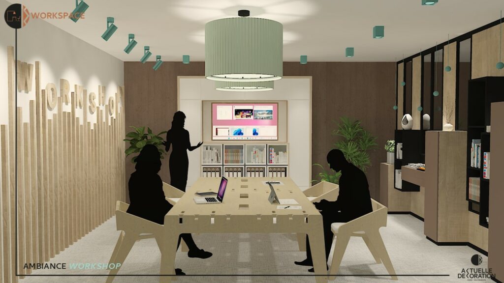 salle de réunion d'entreprise ambiance moderne et chaleureuse avec mobilier eco-conçu
