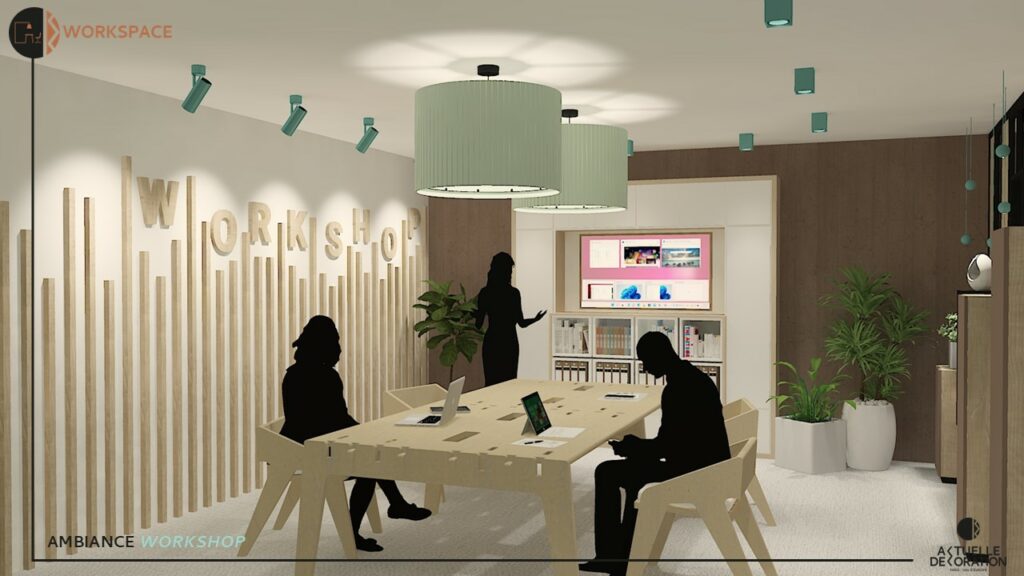 salle de réunion d'entreprise ambiance moderne et chaleureuse avec éclairage led et solution acoustique intégreé