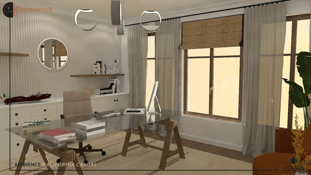 aménagement d'un espace de travail à domicile avec rangements et luminaire suspendu design