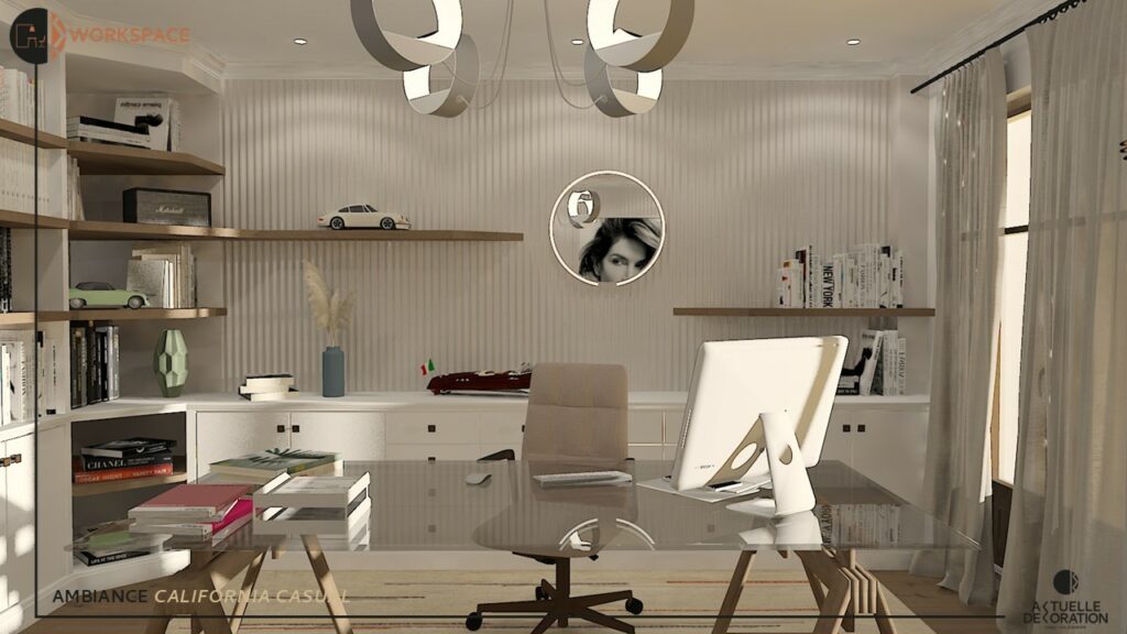 aménagement d'un espace de travail à domicile avec panneaux décoratifs muraux en béton de forme ondulée