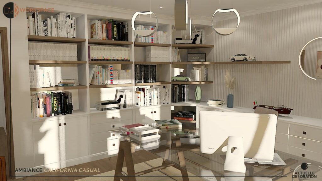aménagement d'un espace de travail à domicile avec bibliothèque et rangements sur-mesure