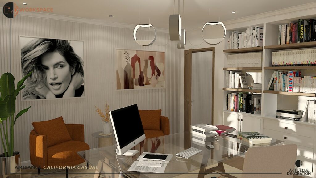 aménagement d'un espace de travail à domicile avec tableau et photographie d'artiste grand format