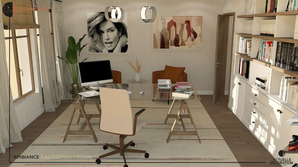 aménagement d'un espace de travail à domicile avec un bureau en verre et espace de réunion