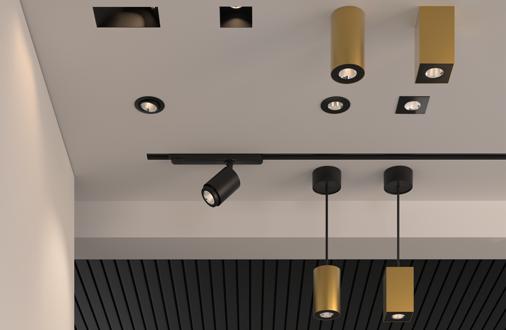 spots encastrés, en saillie, suspendus ou sur rail de différentes couleurs, de style contemporain