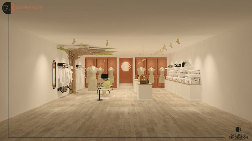 perspective 3d d'une boutique de prêt-à porter ambiance parisienne et style haussmanien
