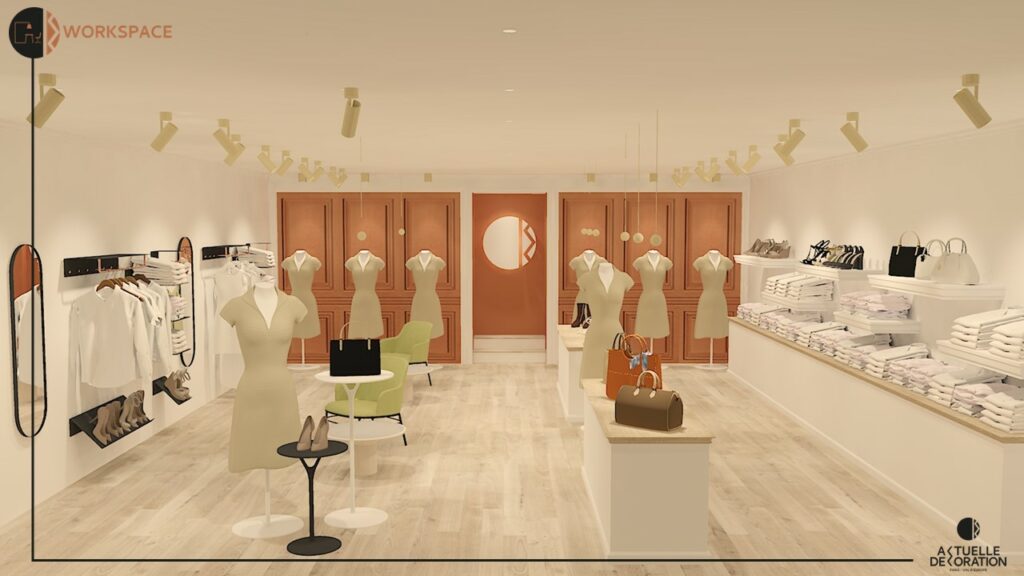 conception de l'aménagement d'une boutique de prêt-à-porter à l'ambiance haussmanienne