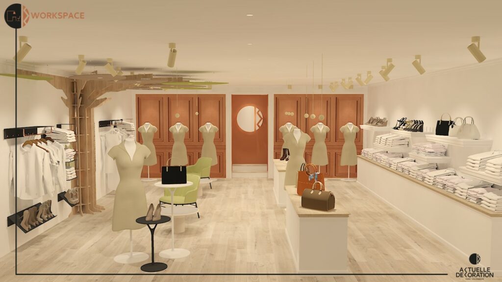 projection 3d de l'aménagement d'une boutique de prêt-à-porter