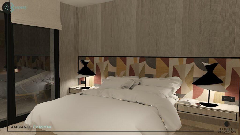 visuel d'une chambre parentale avec une tête de lit tapissée d'un revêtement graphique et coloré associé à des panneaux muraux en béton peigné