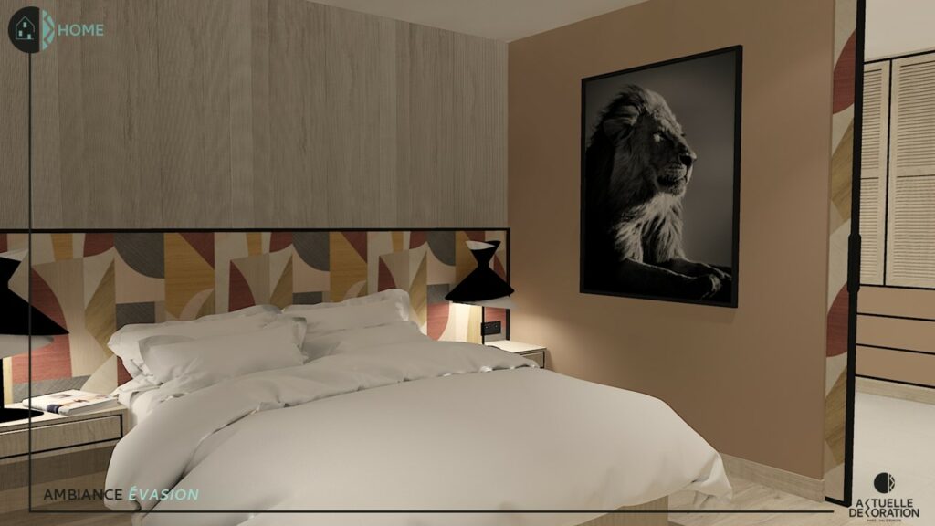 visuel 3d d'une chambre parentale avec une photographie d'artiste grand format