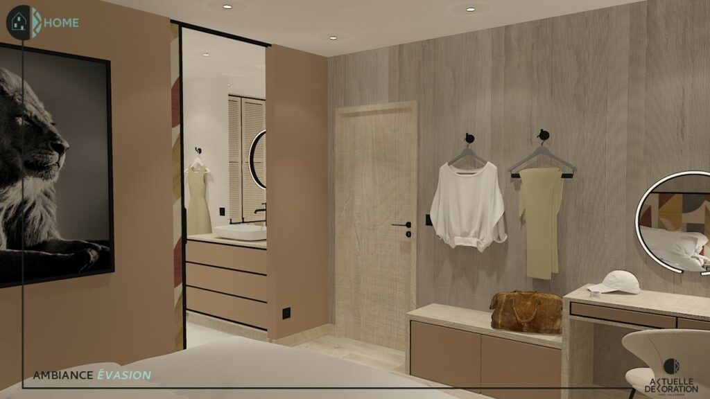 Proposition d'ambiance décorative et d'aménagement d'une chambre parentale sur le thème du voyage et de l'évasion